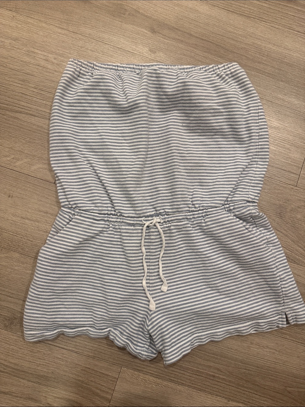 Striped Strapless Romper in Light Blue and White